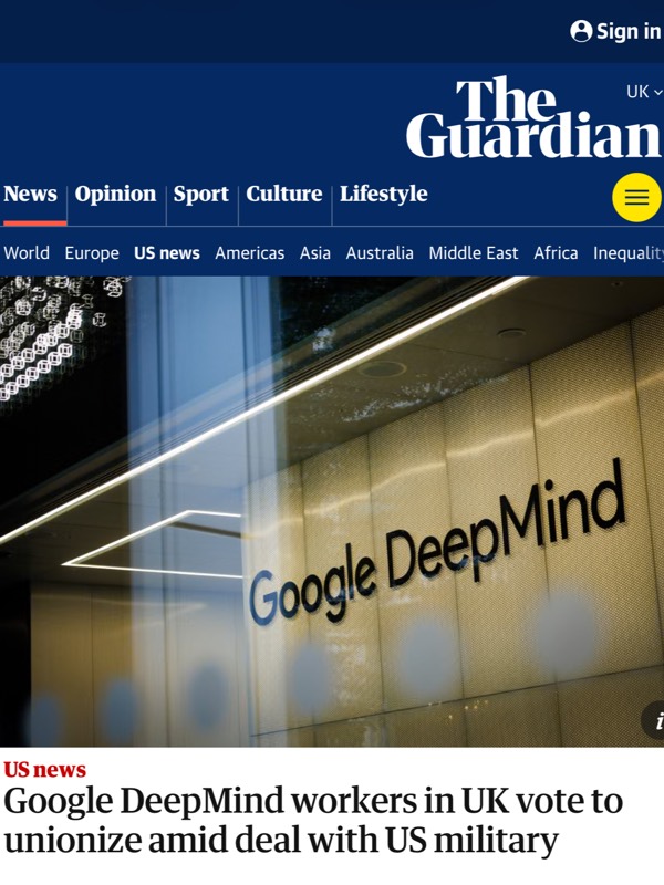 The Guardian: Google DeepMind workers in UK vote to unionize amid deal with US military ↗